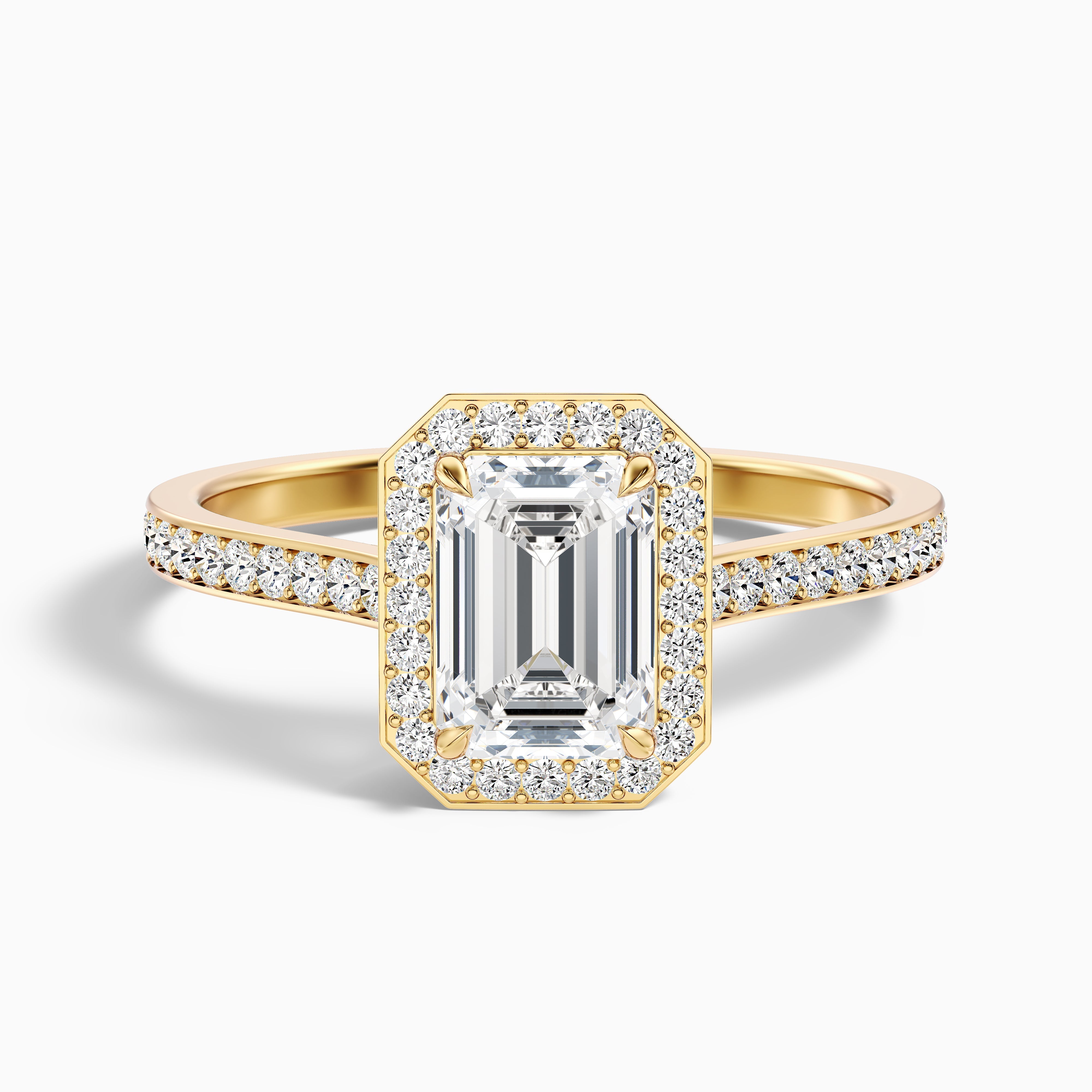 Zoya 4.5 Carat Emerald Cut Halo Pave Moissanite Engagement Ring in 18k Yellow Gold