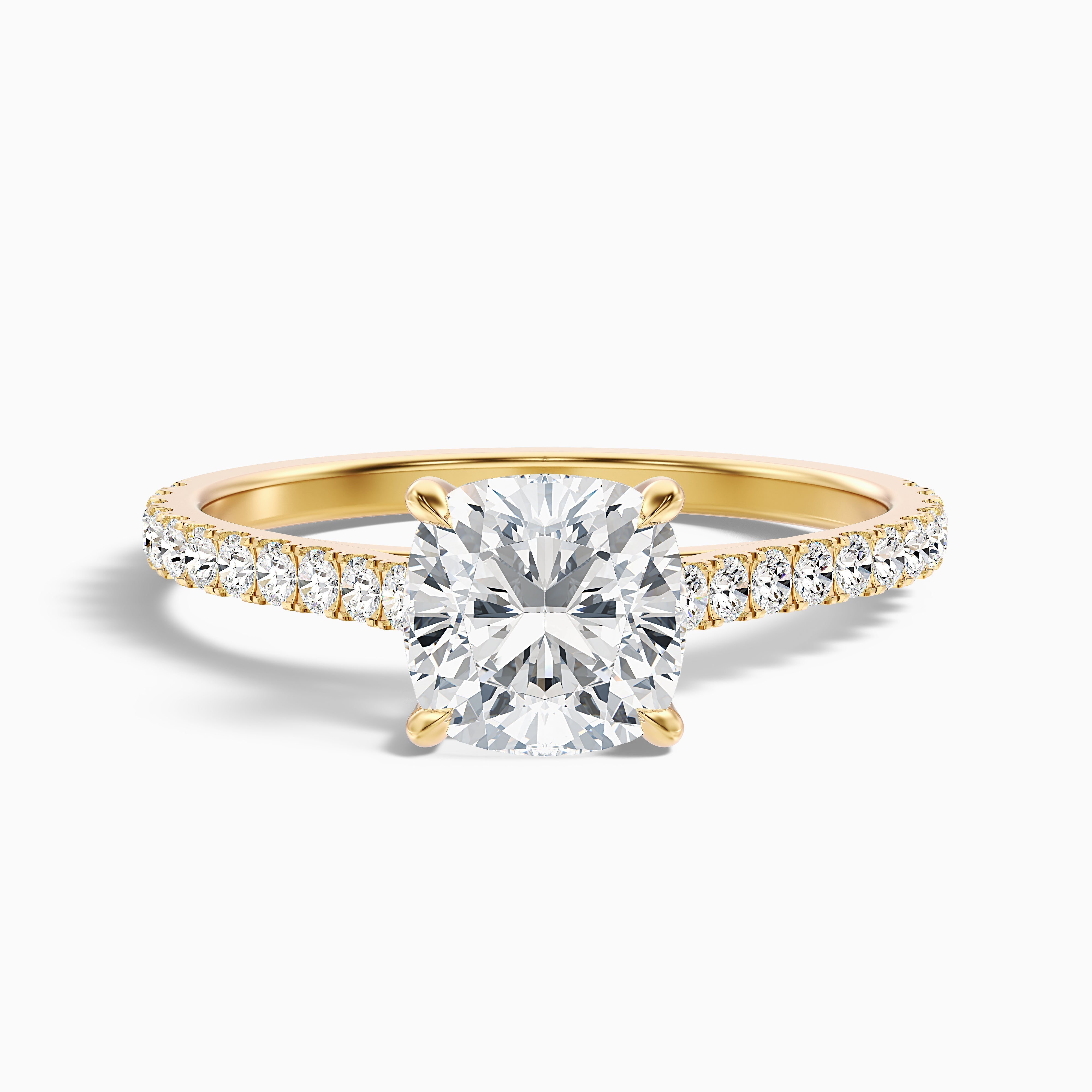 Mary 5.5 Carat Cushion Cut Side Stone Pave Moissanite Engagement Ring in 14k Yellow Gold