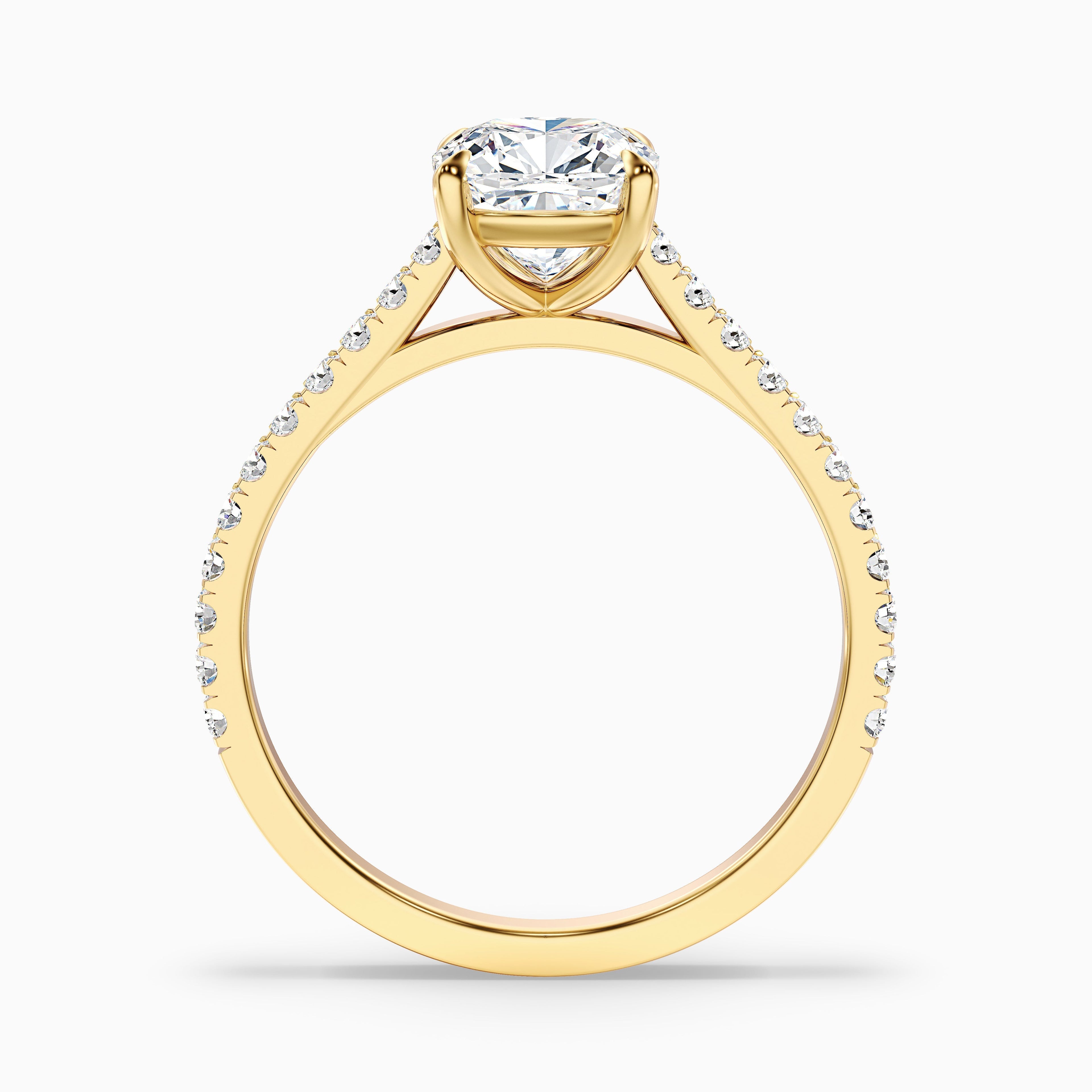Mary 2.5 Carat Cushion Cut Side Stone Pave Moissanite Engagement Ring in 14k Yellow Gold
