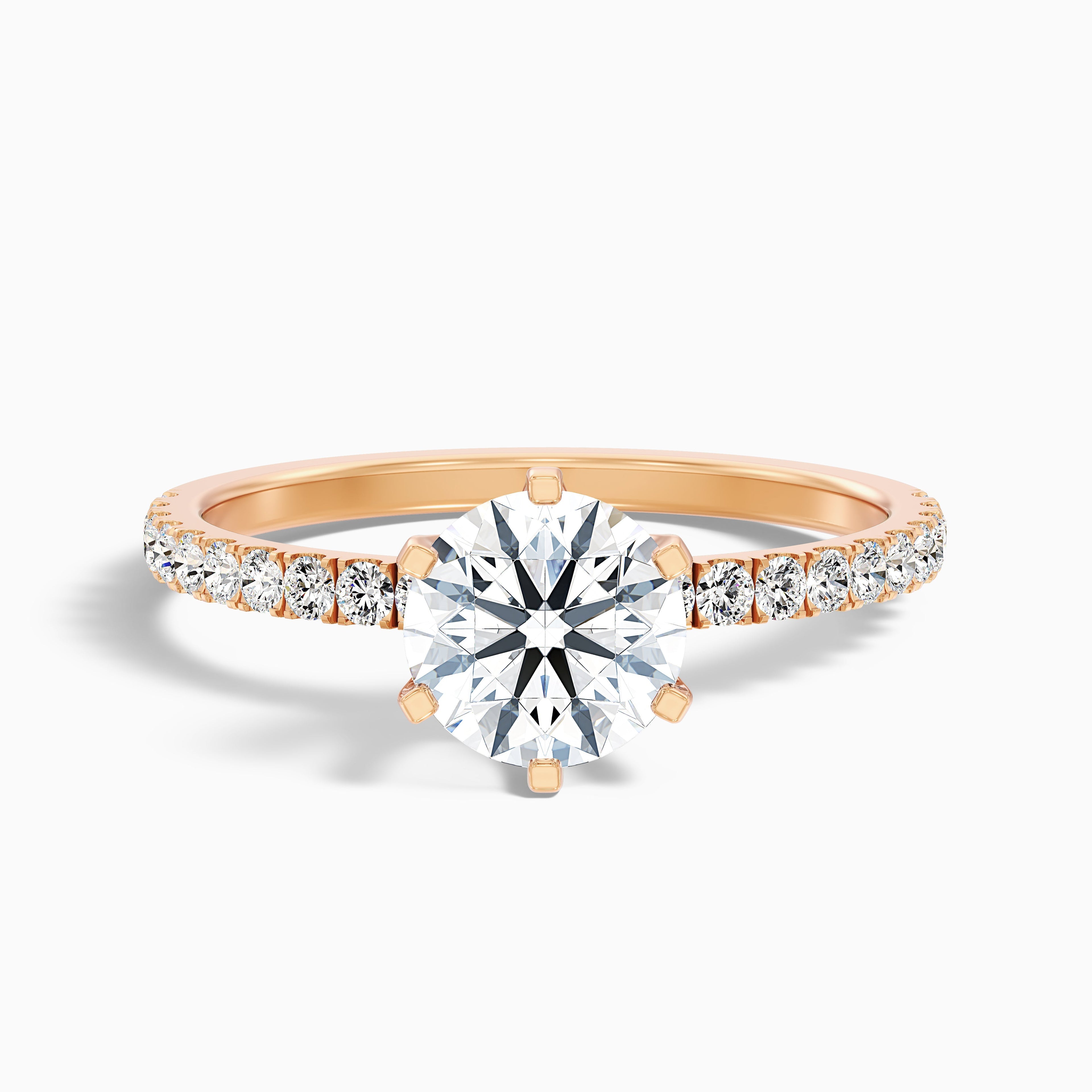 Lyra 1.5 Carat Round Side Stone Pave Moissanite Engagement Ring in 14k Rose Gold