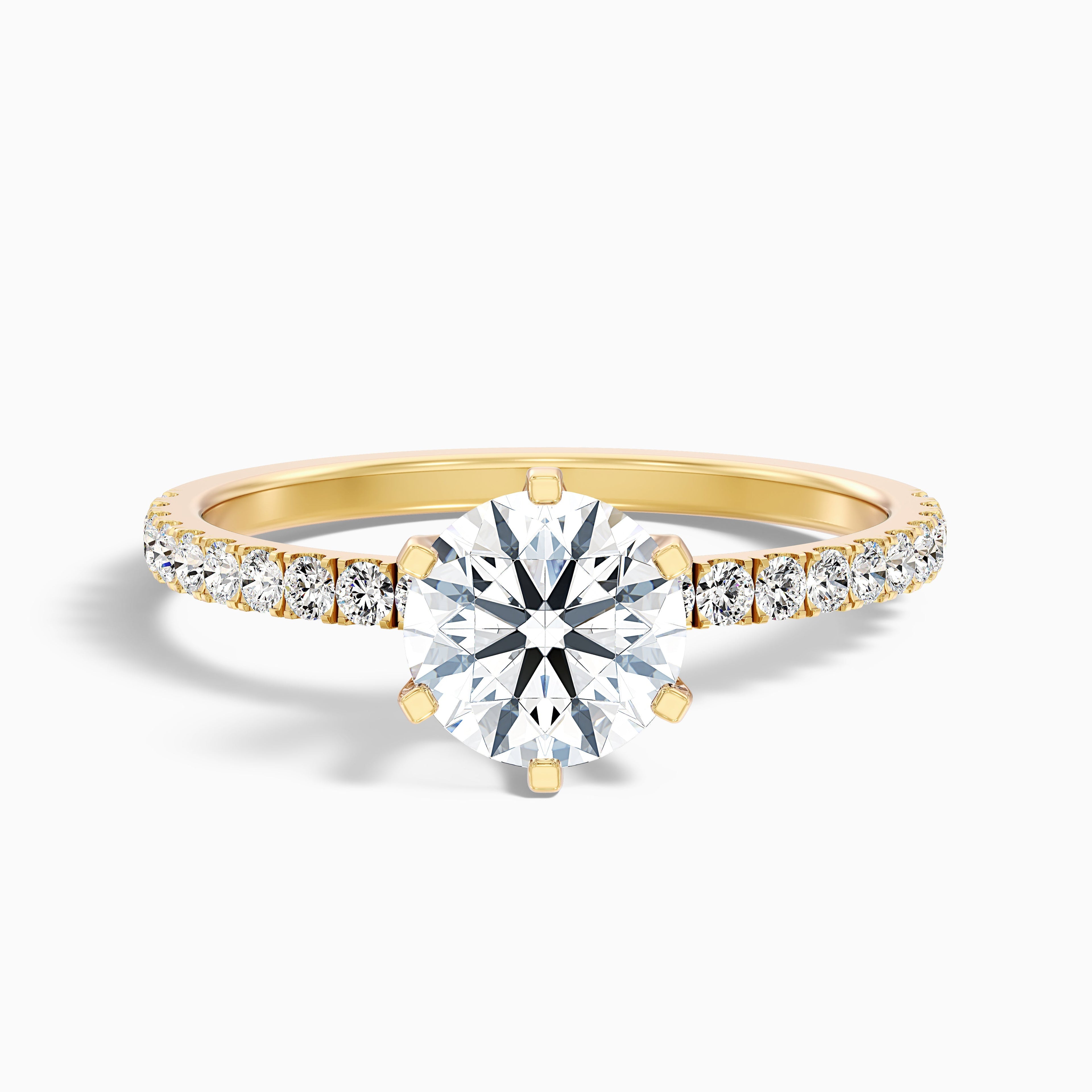 Lyra 5 Carat Round Side Stone Pave Moissanite Engagement Ring in 14k Yellow Gold