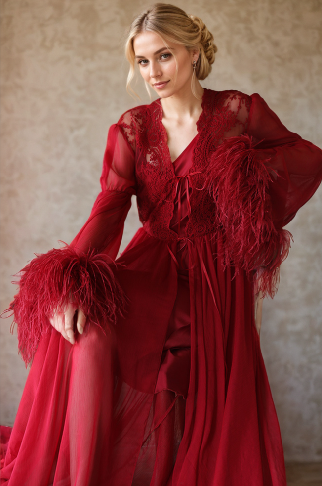 Ethereal Lace & Feather-Trimmed Sheer Bridal Robe – Vintage Luxury Loungewear