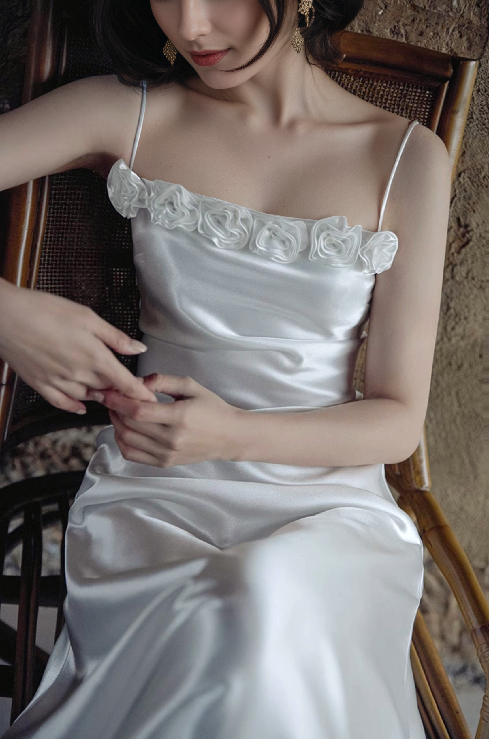 Vintage Rose-Trimmed Satin Slip Wedding Dress with Spaghetti Straps SelenaHuanStudio
