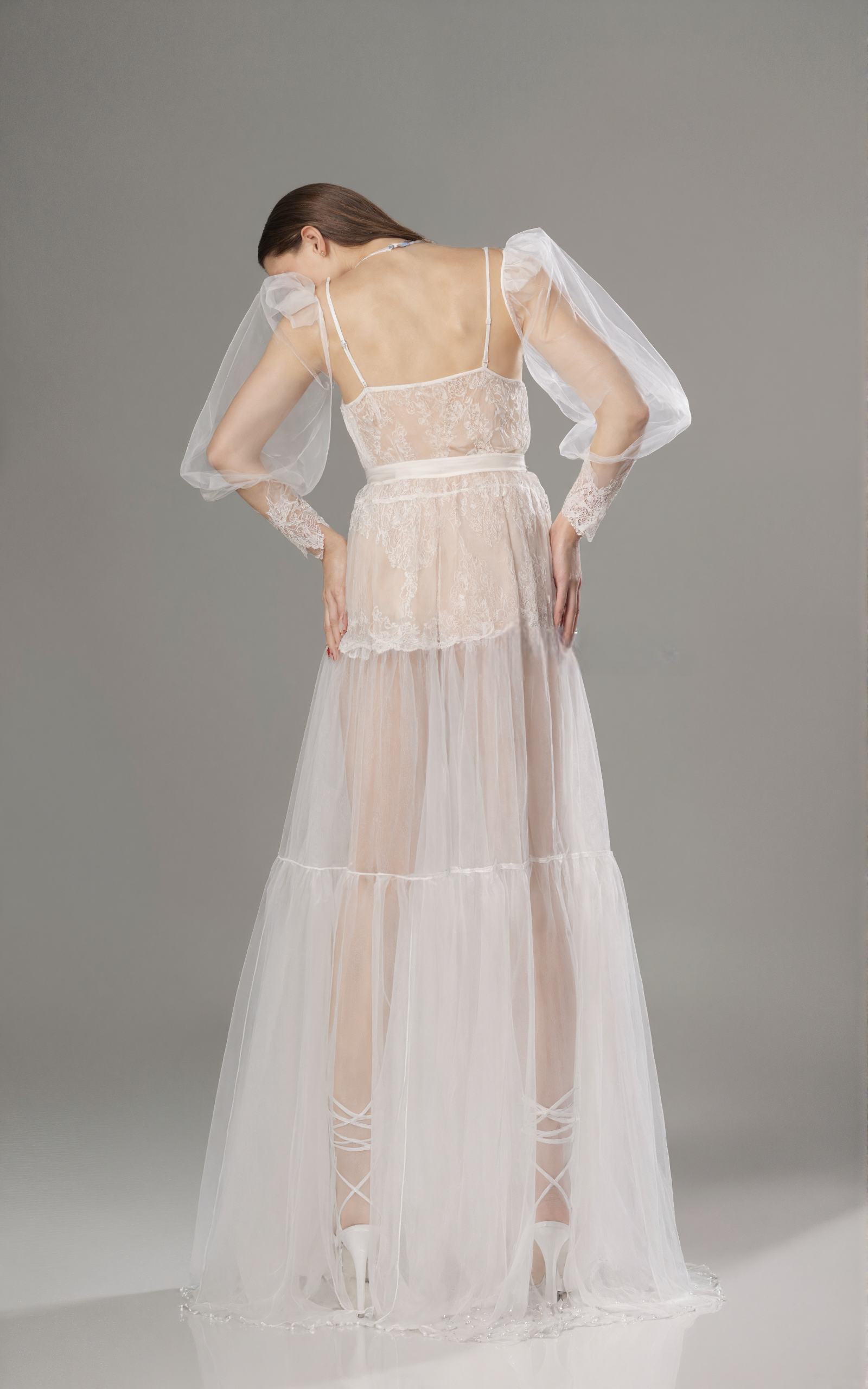 Luxury Sheer Lace Tulle Long Robe with Puff Sleeves | Bridal Boudoir Getting Ready Gown SelenaHuanStudio