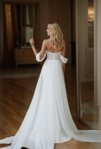 Goddess off-the-shoulder Simple Satin Wedding Dress small train with Tulle Ribbon SelenaHuanStudio