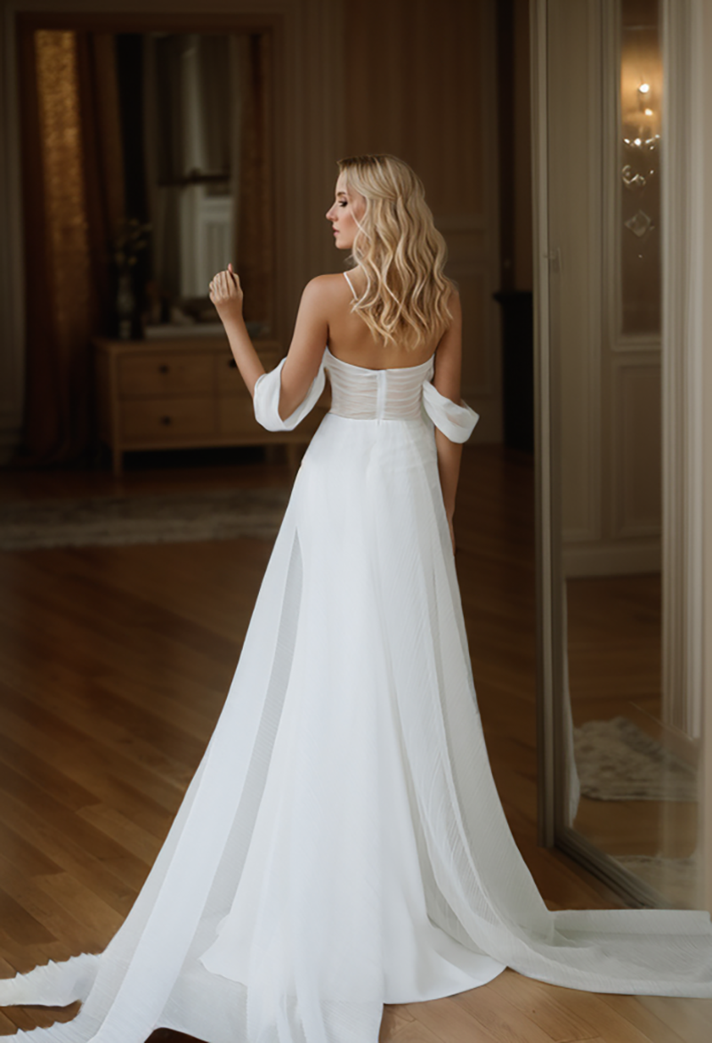 Goddess off-the-shoulder Simple Satin Wedding Dress small train with Tulle Ribbon SelenaHuanStudio