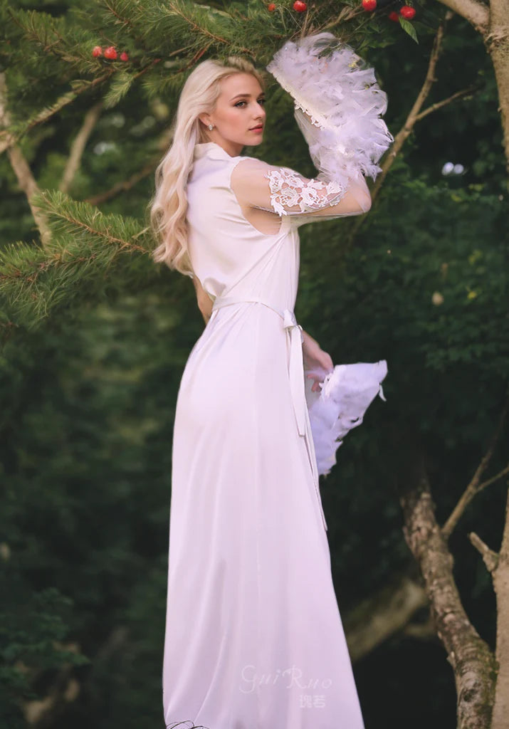 Sexy tulle lace Turkey Feather sleeves silky satin long bridal robe SelenaHuanStudio