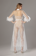 Luxury White Turkey Feather Lace Sheer Robe Dress Set | Bridal Getting Ready Gown SelenaHuanStudio
