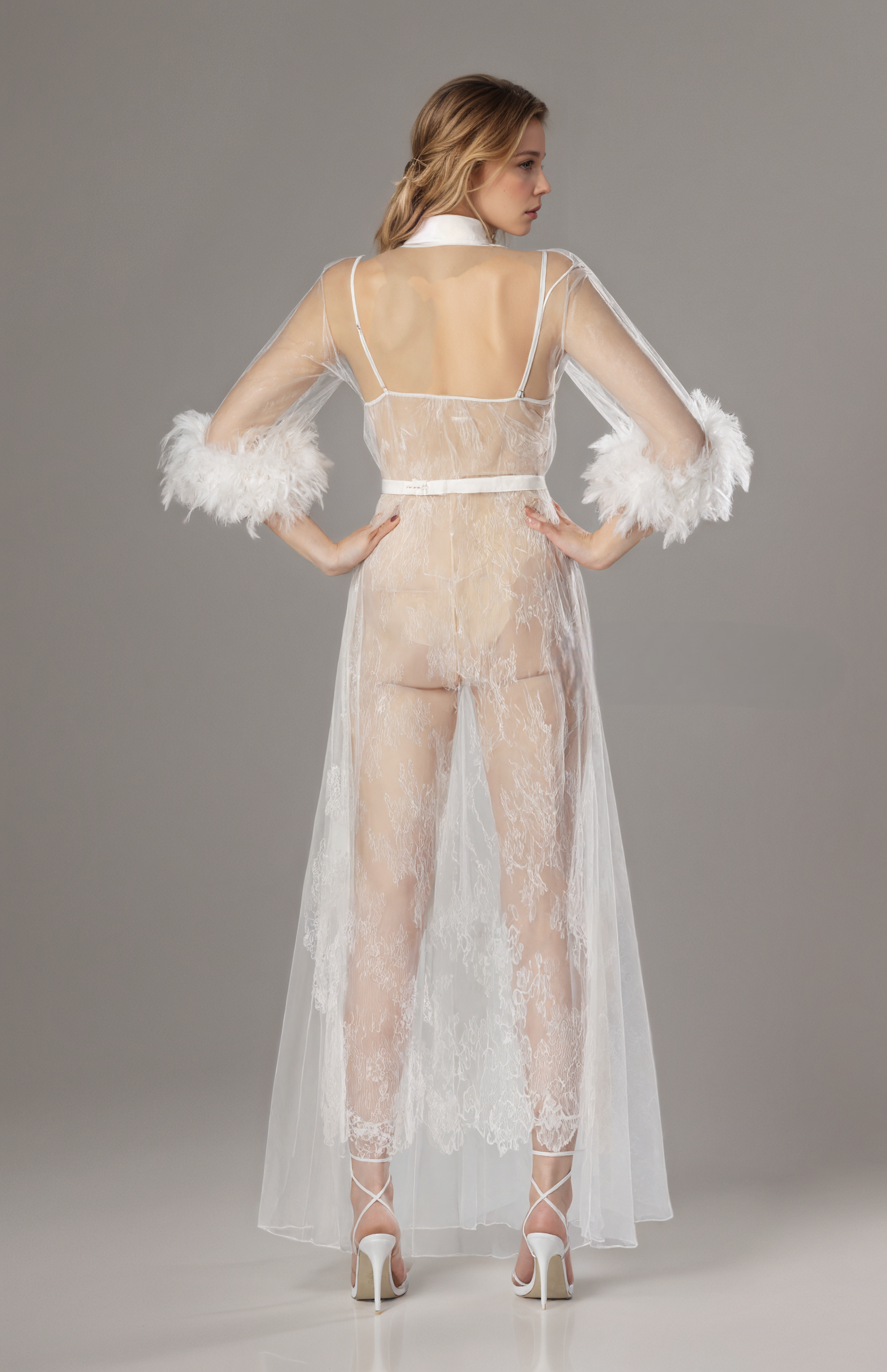 Luxury White Turkey Feather Lace Sheer Robe Dress Set | Bridal Getting Ready Gown SelenaHuanStudio