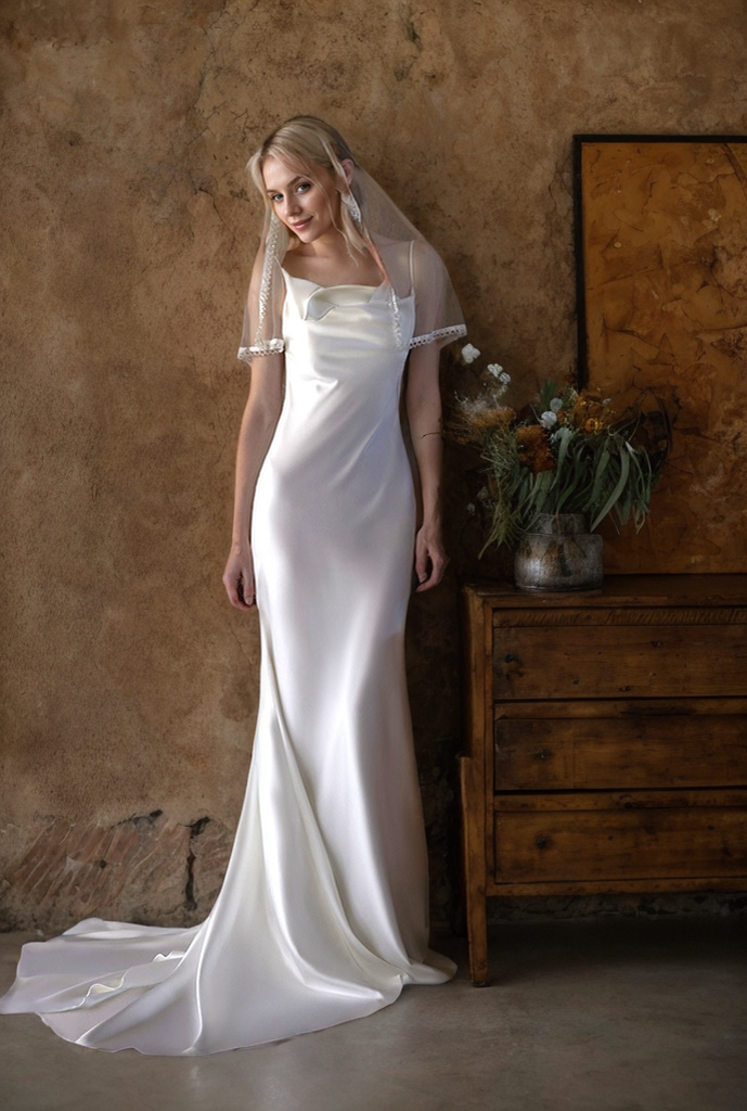 Romantic Draped Cowl Neck Satin Wedding Dress with Low Back and Train SelenaHuanStudio