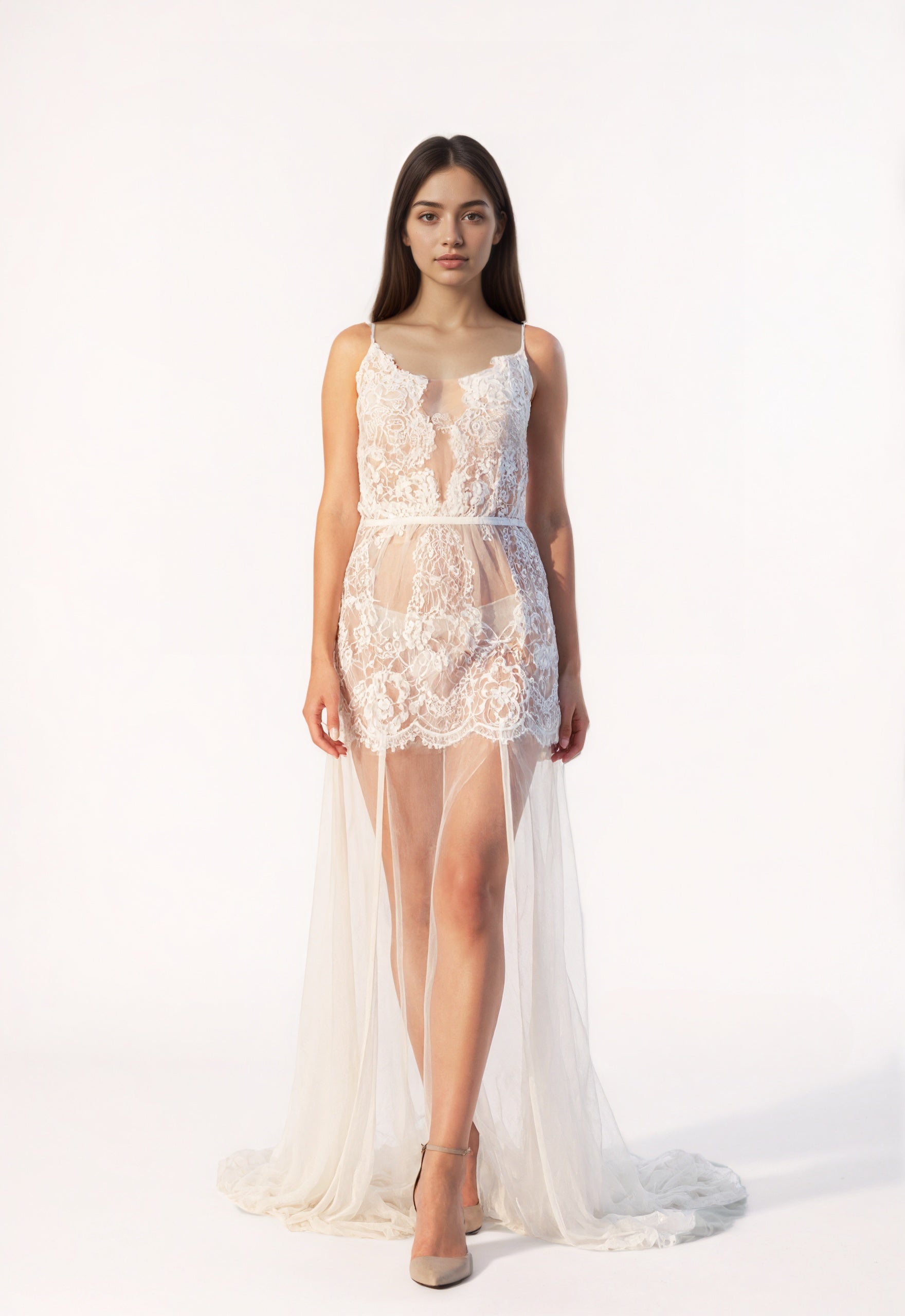 Ethereal Lace Sheer Long Robe with Flowing Train – Elegant Bridal Boudoir Gown SelenaHuanStudio