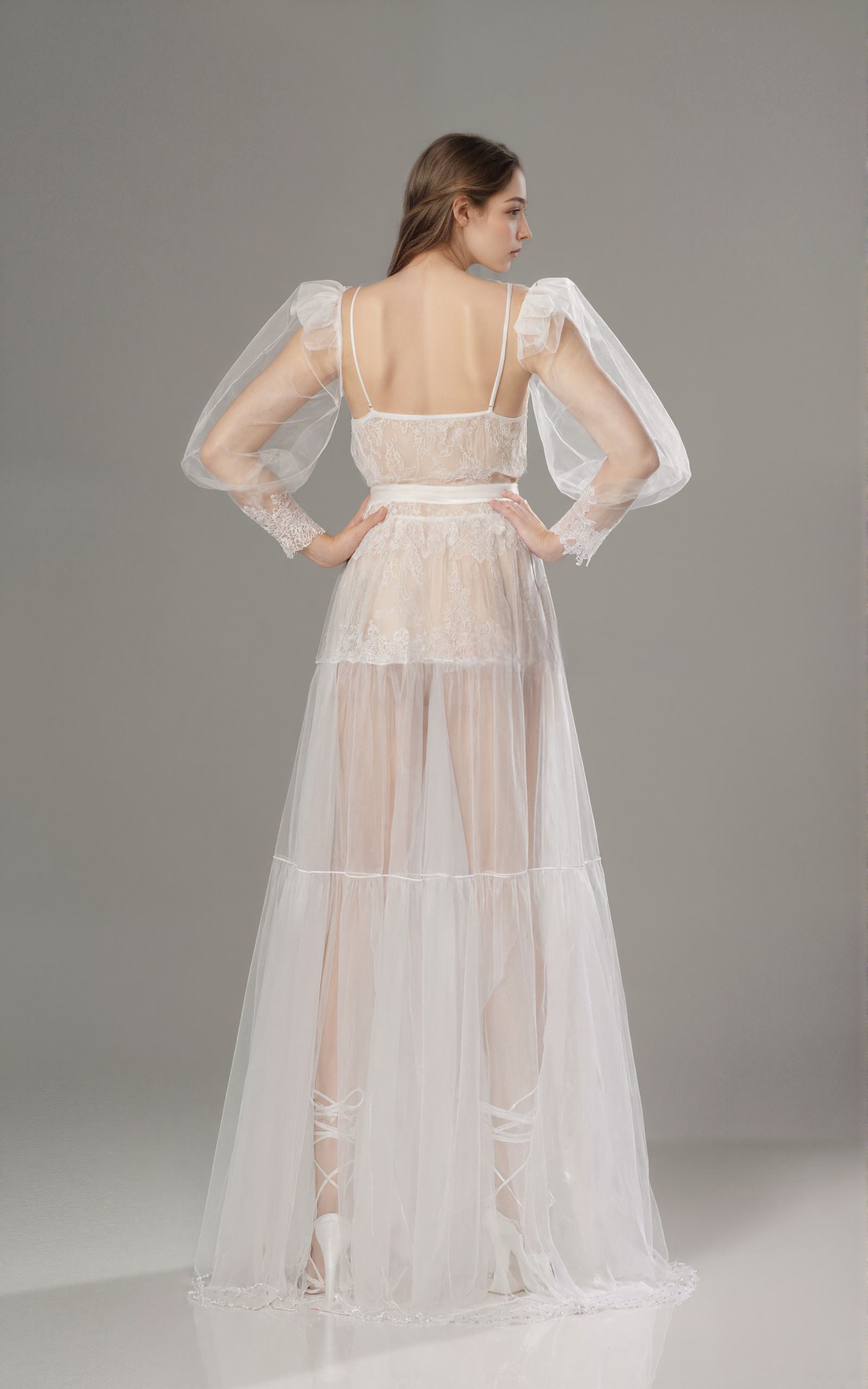 Luxury Sheer Lace Tulle Long Robe with Puff Sleeves | Bridal Boudoir Getting Ready Gown SelenaHuanStudio