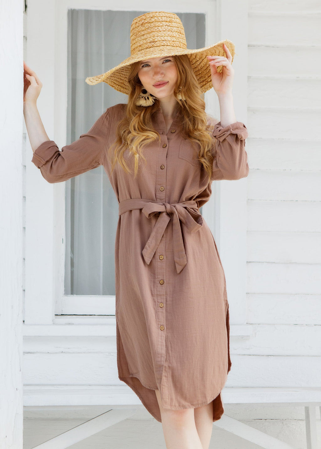 Sand Gauze Button Down Shirt Dress