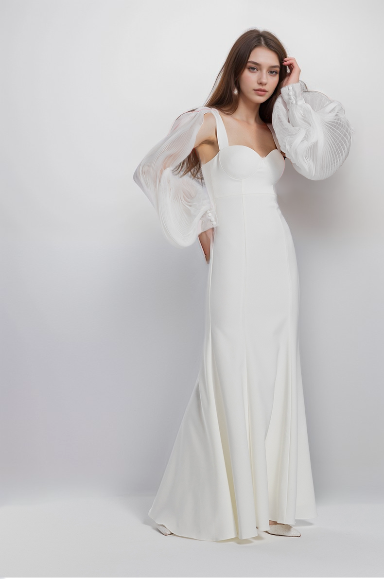 Ethereal Sculpted Bust Mermaid Gown with Sheer Balloon Sleeves SelenaHuanStudio