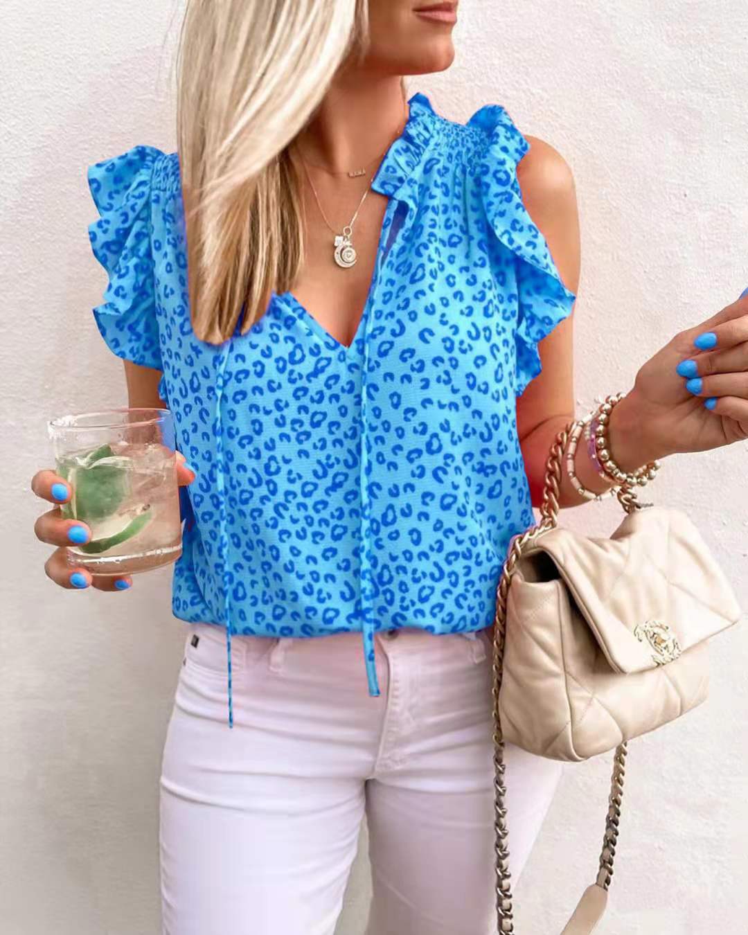 Women Summer V neck Leopard Print Printed Short Sleeve T shirt Vest Bella Mia
