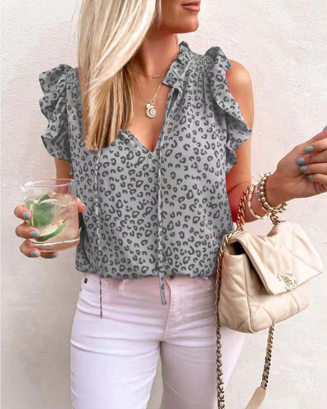 Women Summer V neck Leopard Print Printed Short Sleeve T shirt Vest Bella Mia