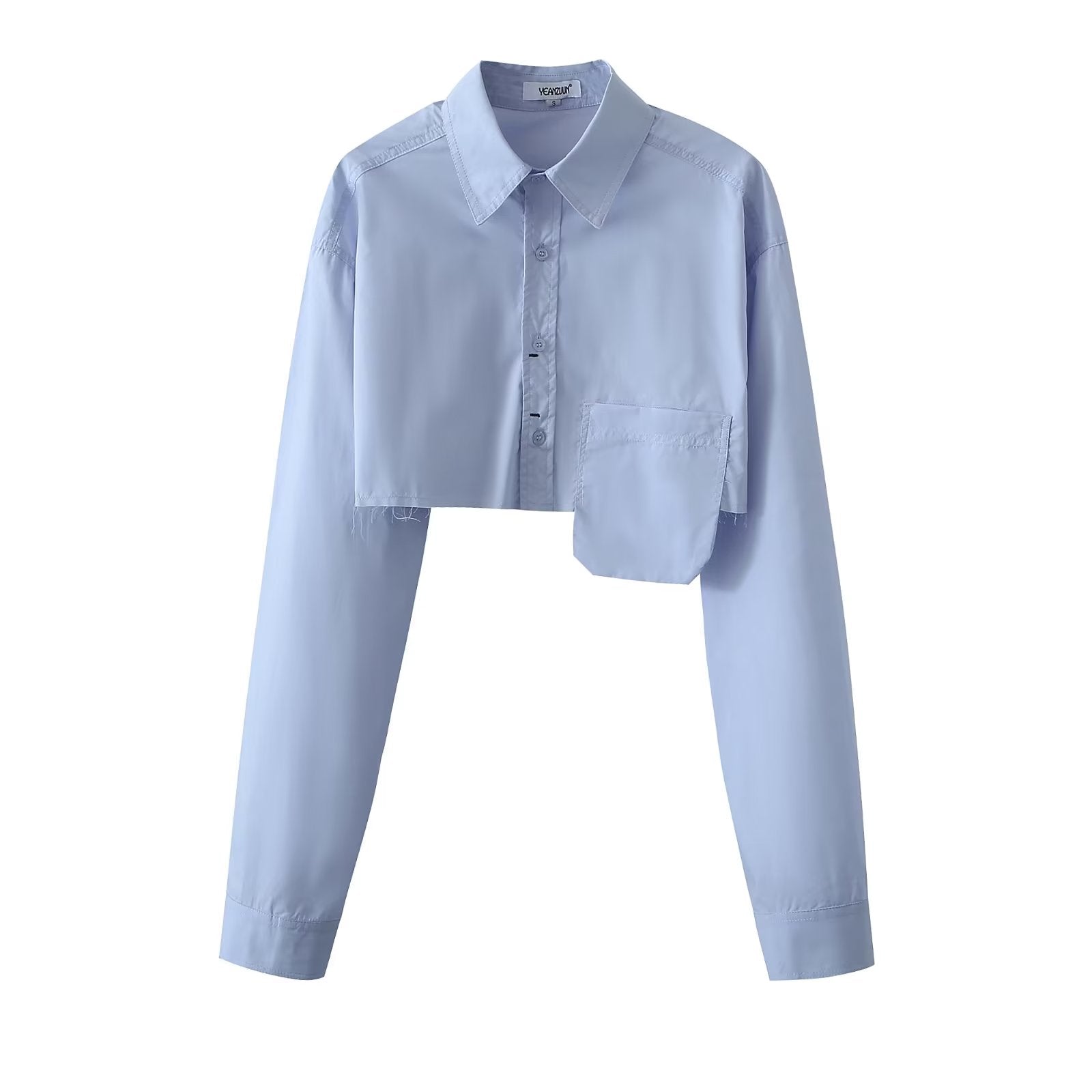 Collared Pocket Mult Color Autumn Bell Sleeve Pullover Office Blue Solid Color All Matching Clothes Bella Mia