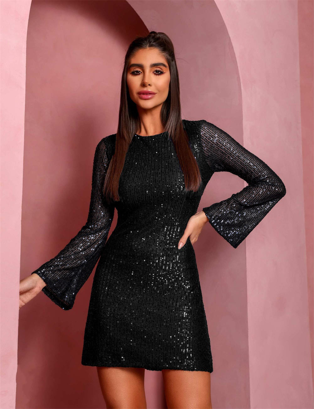 Sequined Elegant Slim Fit Sexy See through High Waist Backless A line Dress Bella Mia