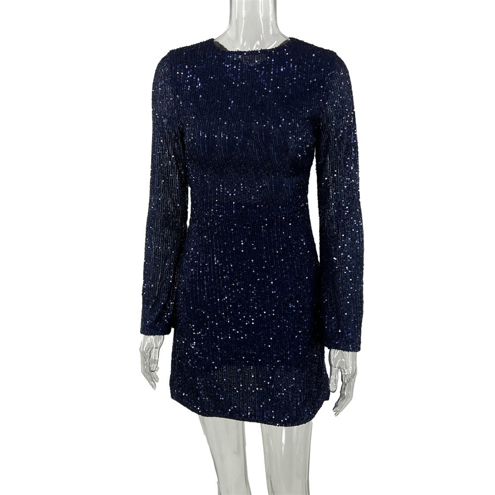 Sequined Elegant Slim Fit Sexy See through High Waist Backless A line Dress Bella Mia