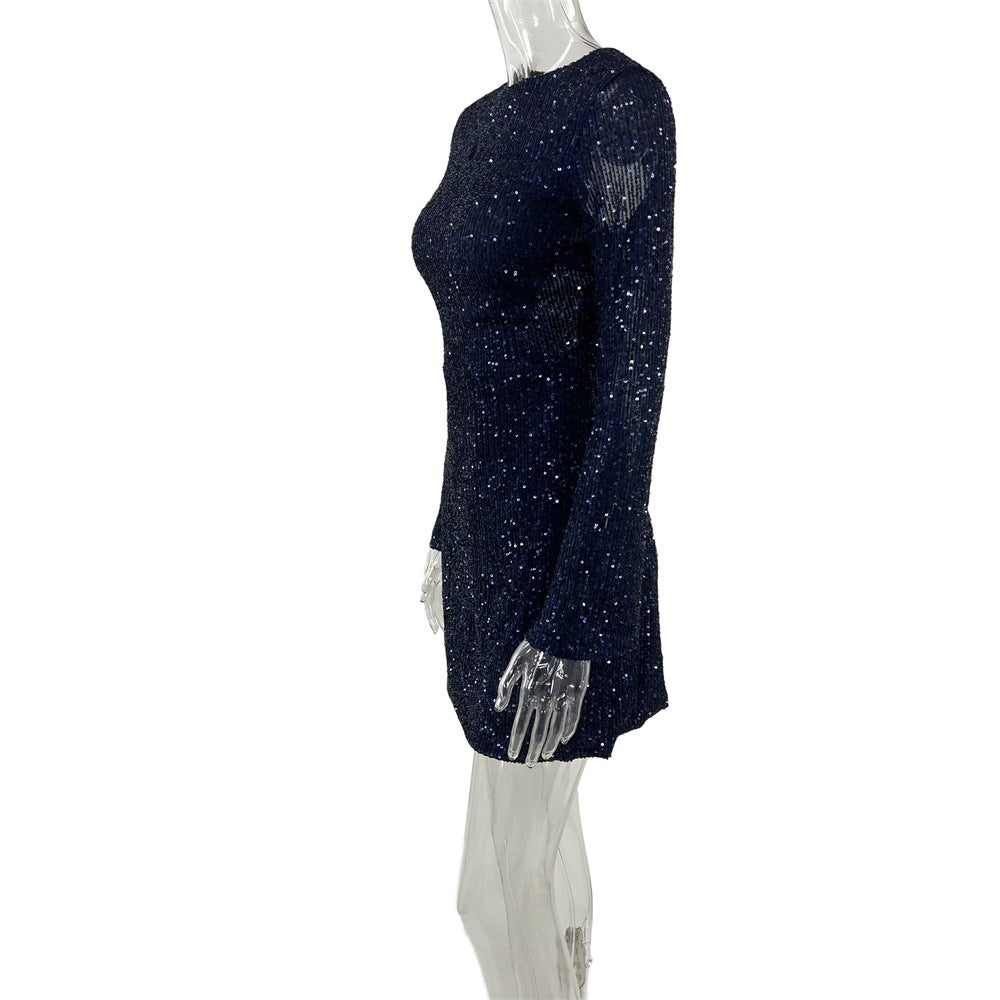 Sequined Elegant Slim Fit Sexy See through High Waist Backless A line Dress Bella Mia