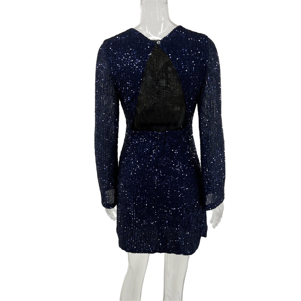 Sequined Elegant Slim Fit Sexy See through High Waist Backless A line Dress Bella Mia
