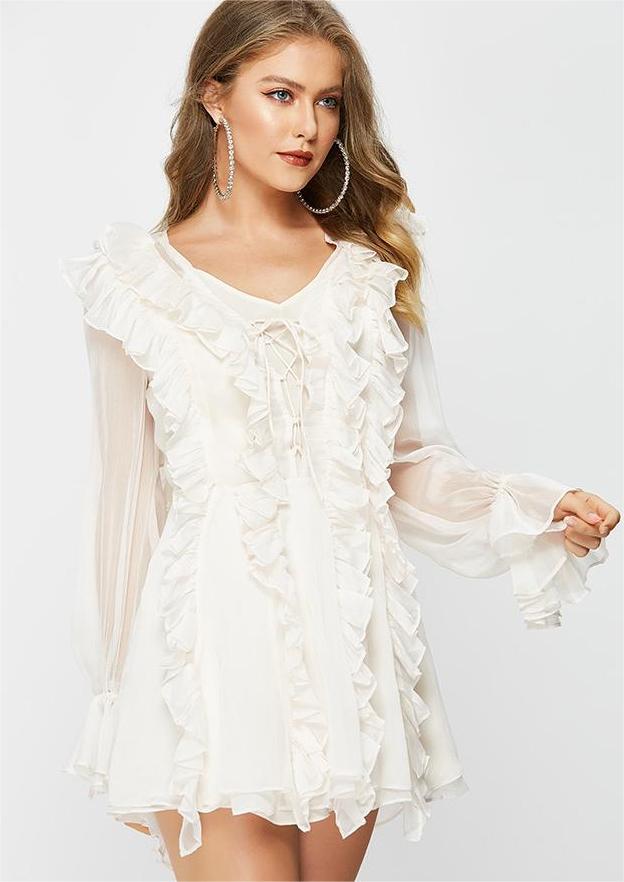 Spring Summer Ruffles Waist Tight Slimming VNeckline Laceup Sexy Waist Trimming Dress Fairy Super Fairy Sweet Bella Mia