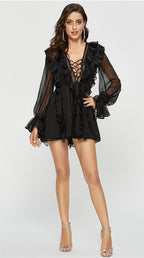 Spring Summer Ruffles Waist Tight Slimming VNeckline Laceup Sexy Waist Trimming Dress Fairy Super Fairy Sweet Bella Mia
