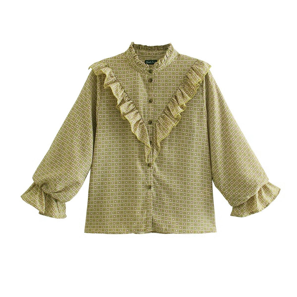 Autumn Ruffled Printed Shirt round Neck Retro Casual Comfortable Top Bella Mia