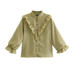 Autumn Ruffled Printed Shirt round Neck Retro Casual Comfortable Top Bella Mia