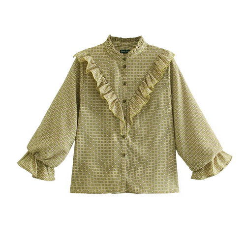 Autumn Ruffled Printed Shirt round Neck Retro Casual Comfortable Top Bella Mia