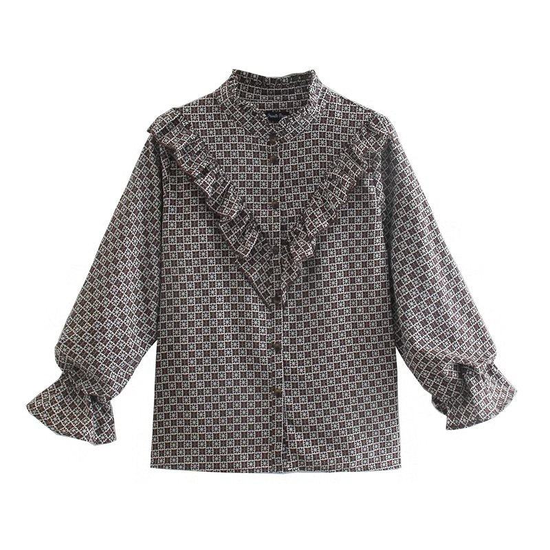 Autumn Ruffled Printed Shirt round Neck Retro Casual Comfortable Top Bella Mia