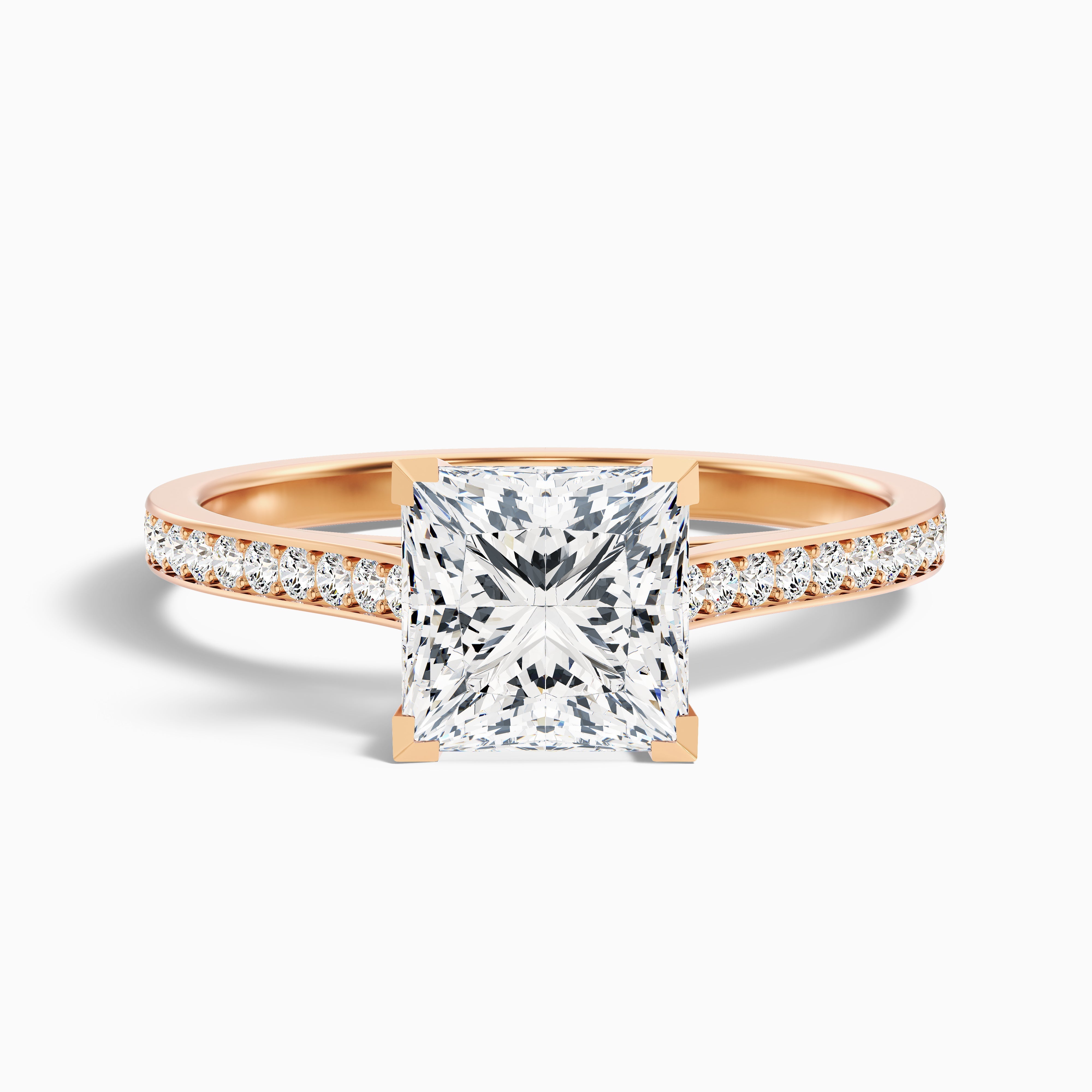 Ava 5.5 Carat Princess Cut Side Stone Pave Moissanite Engagement Ring in 14k Rose Gold