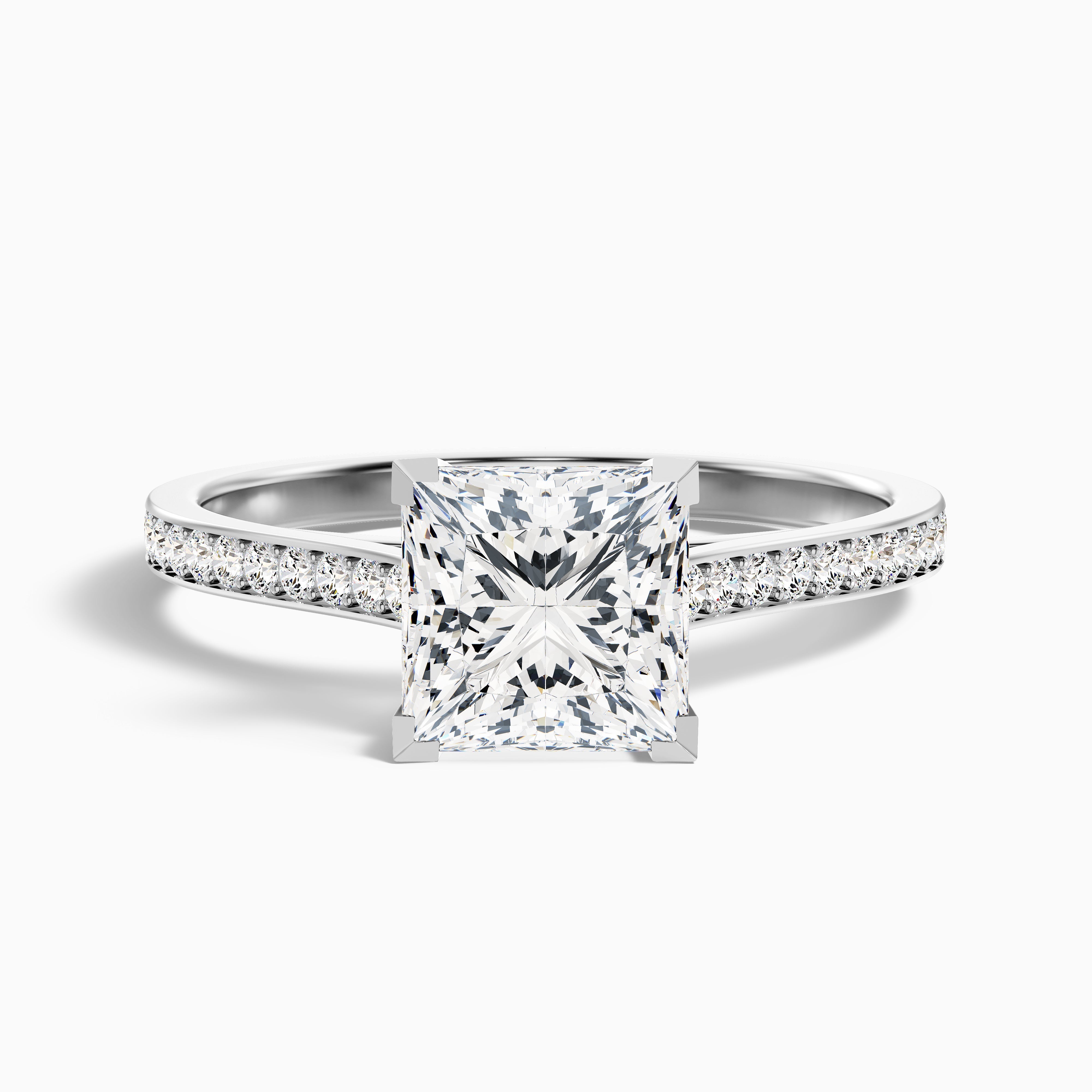 Ava 4 Carat Princess Cut Side Stone Pave Moissanite Engagement Ring in 18k Rose Gold