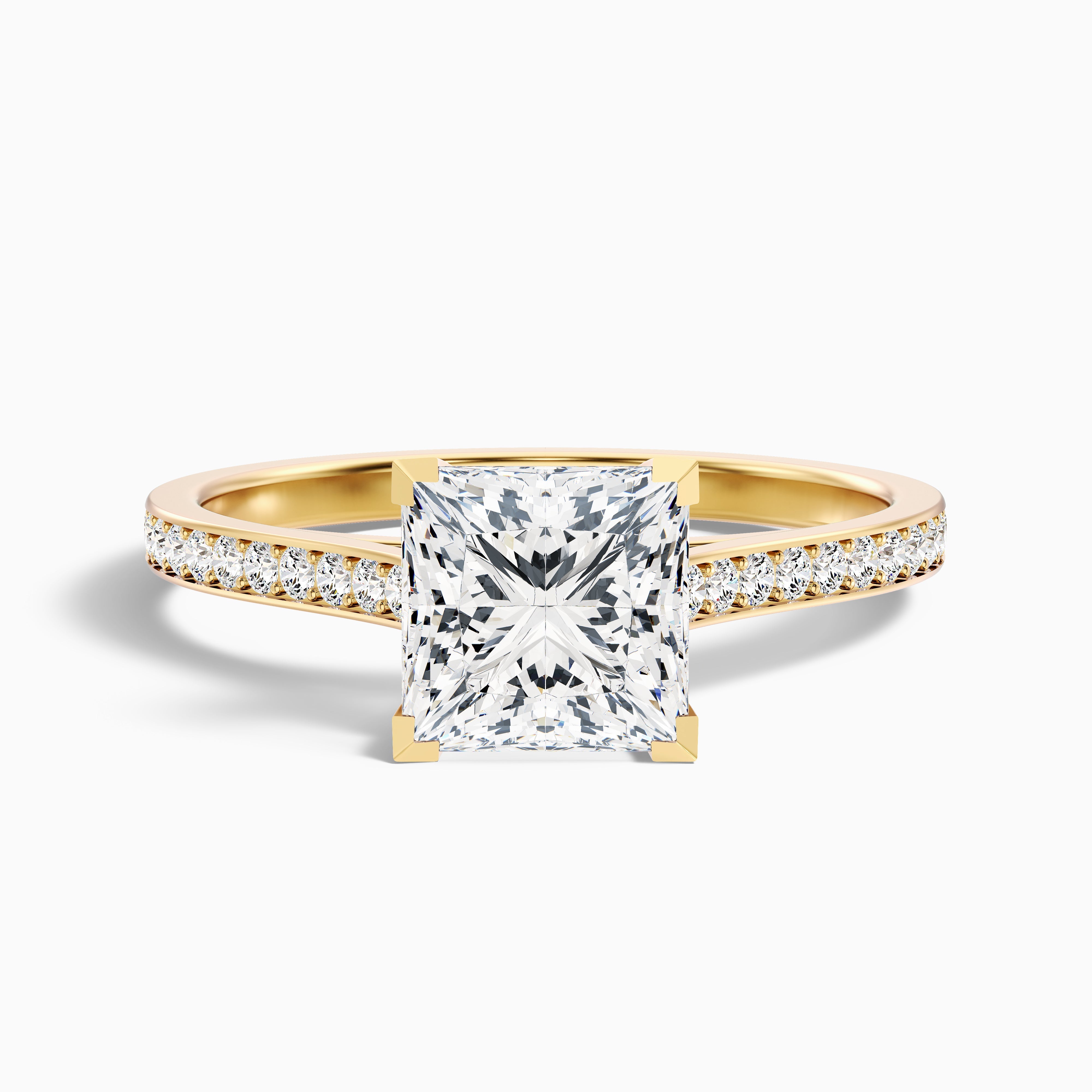 Ava 1.5 Carat Princess Cut Side Stone Pave Moissanite Engagement Ring in 14k Yellow Gold