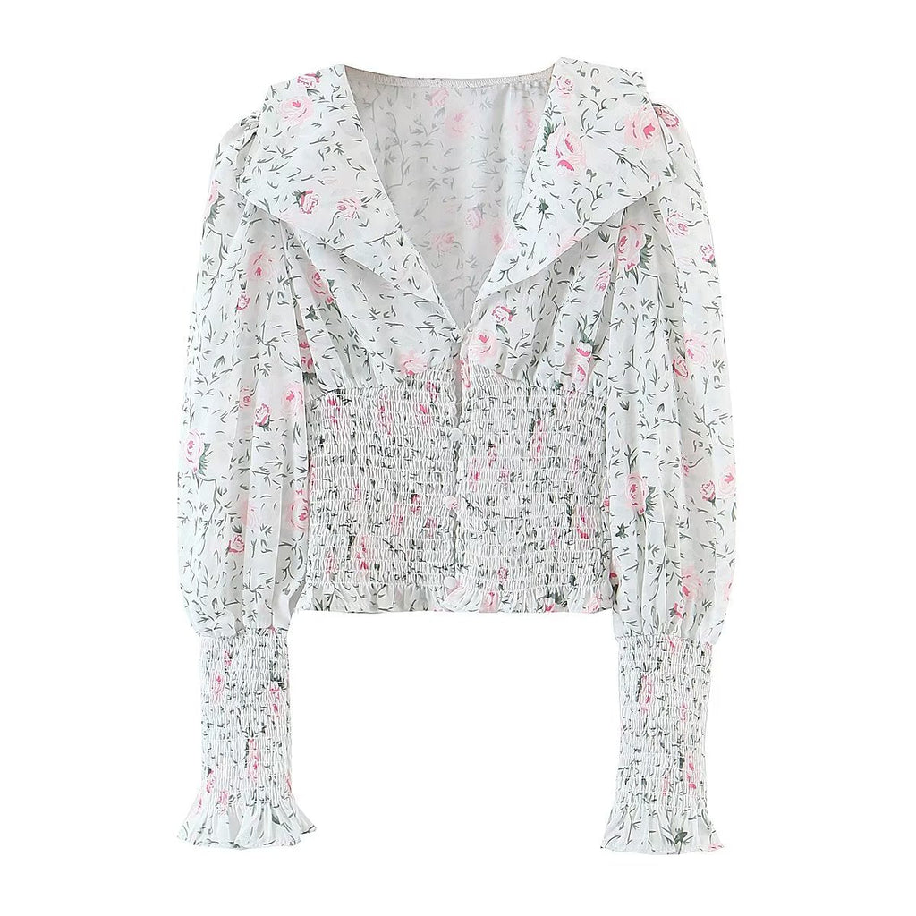 Autumn Blogger Floral Large Collared Single Elasticated Waist Lantern Sleeve Long Sleeve Shirt Bella Mia