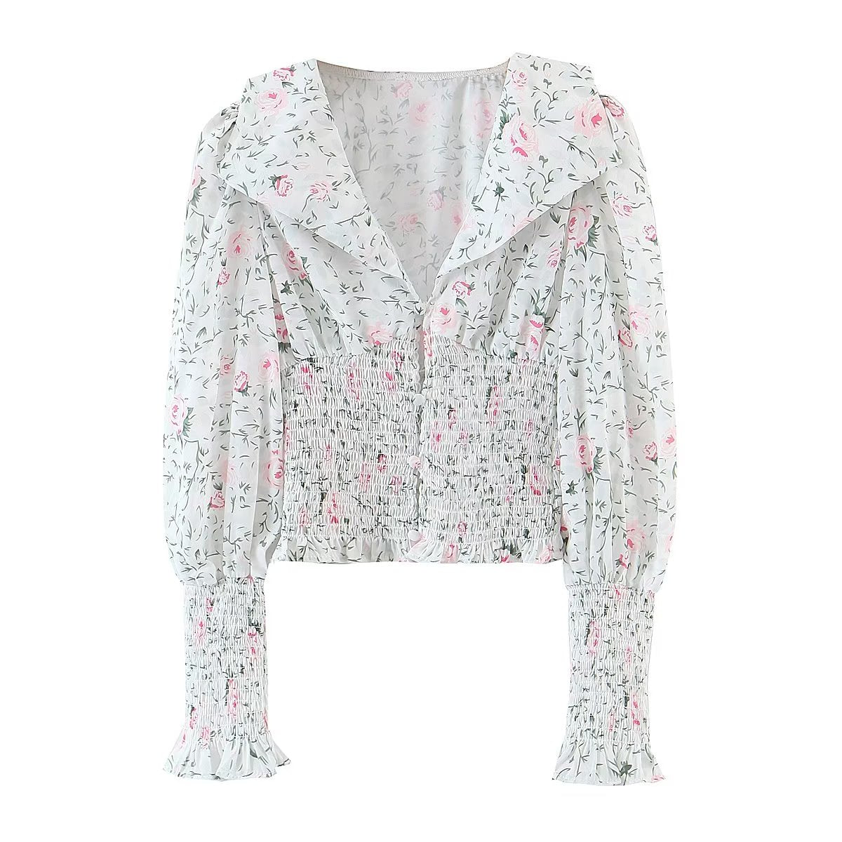 Autumn Blogger Floral Large Collared Single Elasticated Waist Lantern Sleeve Long Sleeve Shirt Bella Mia