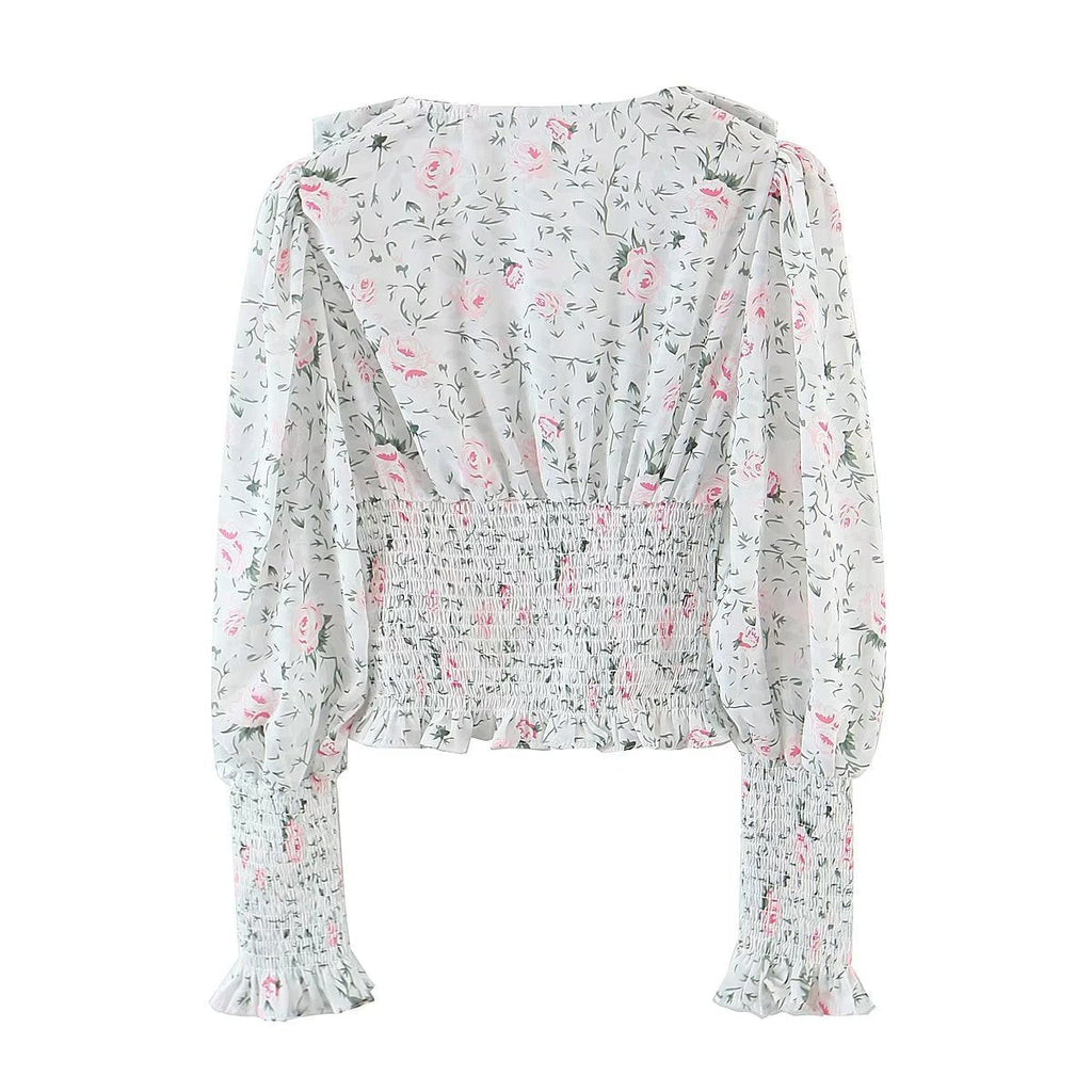 Autumn Blogger Floral Large Collared Single Elasticated Waist Lantern Sleeve Long Sleeve Shirt Bella Mia