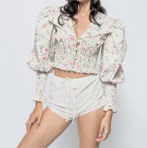 Autumn Blogger Floral Large Collared Single Elasticated Waist Lantern Sleeve Long Sleeve Shirt Bella Mia
