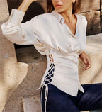 Autumn Women Long Sleeve Lace up Slim Fit Satin Shirt Bella Mia