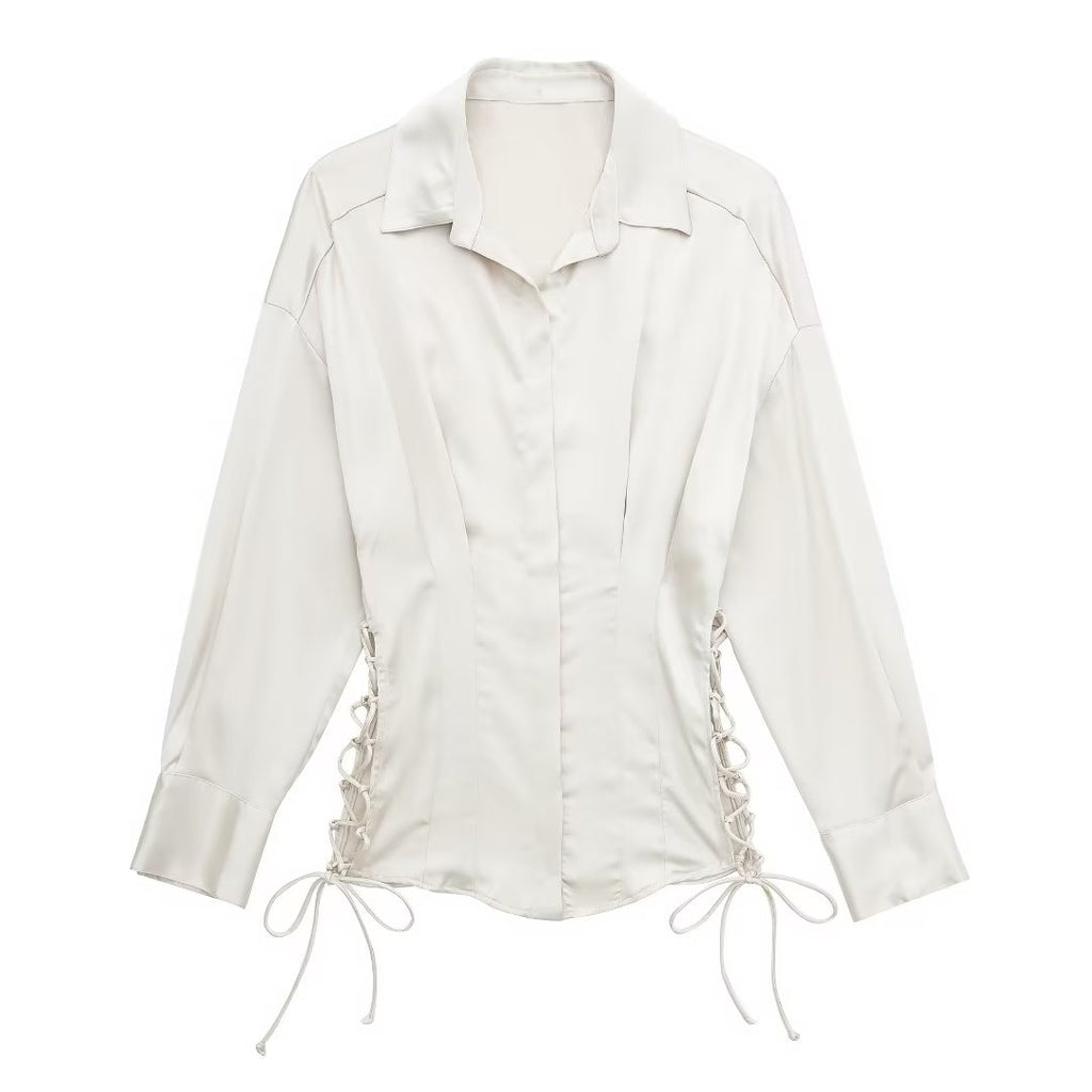 Autumn Women Long Sleeve Lace up Slim Fit Satin Shirt Bella Mia