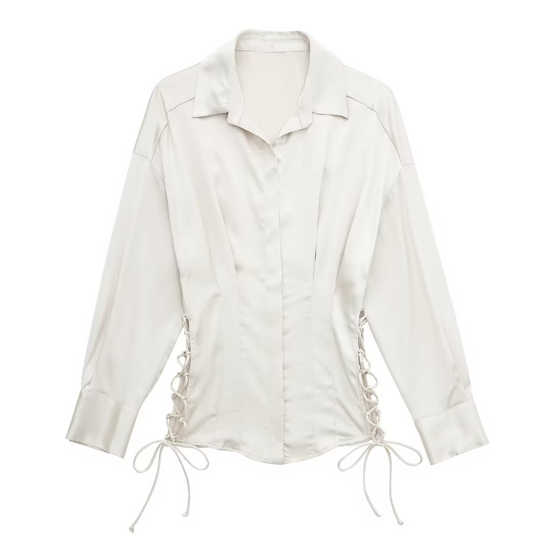 Autumn Women Long Sleeve Lace up Slim Fit Satin Shirt Bella Mia