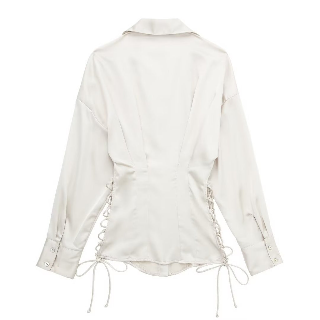 Autumn Women Long Sleeve Lace up Slim Fit Satin Shirt Bella Mia