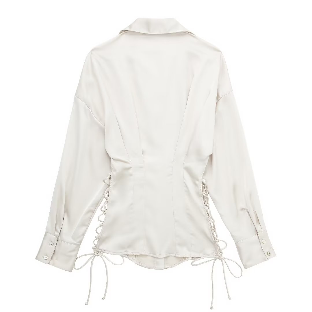 Autumn Women Long Sleeve Lace up Slim Fit Satin Shirt Bella Mia