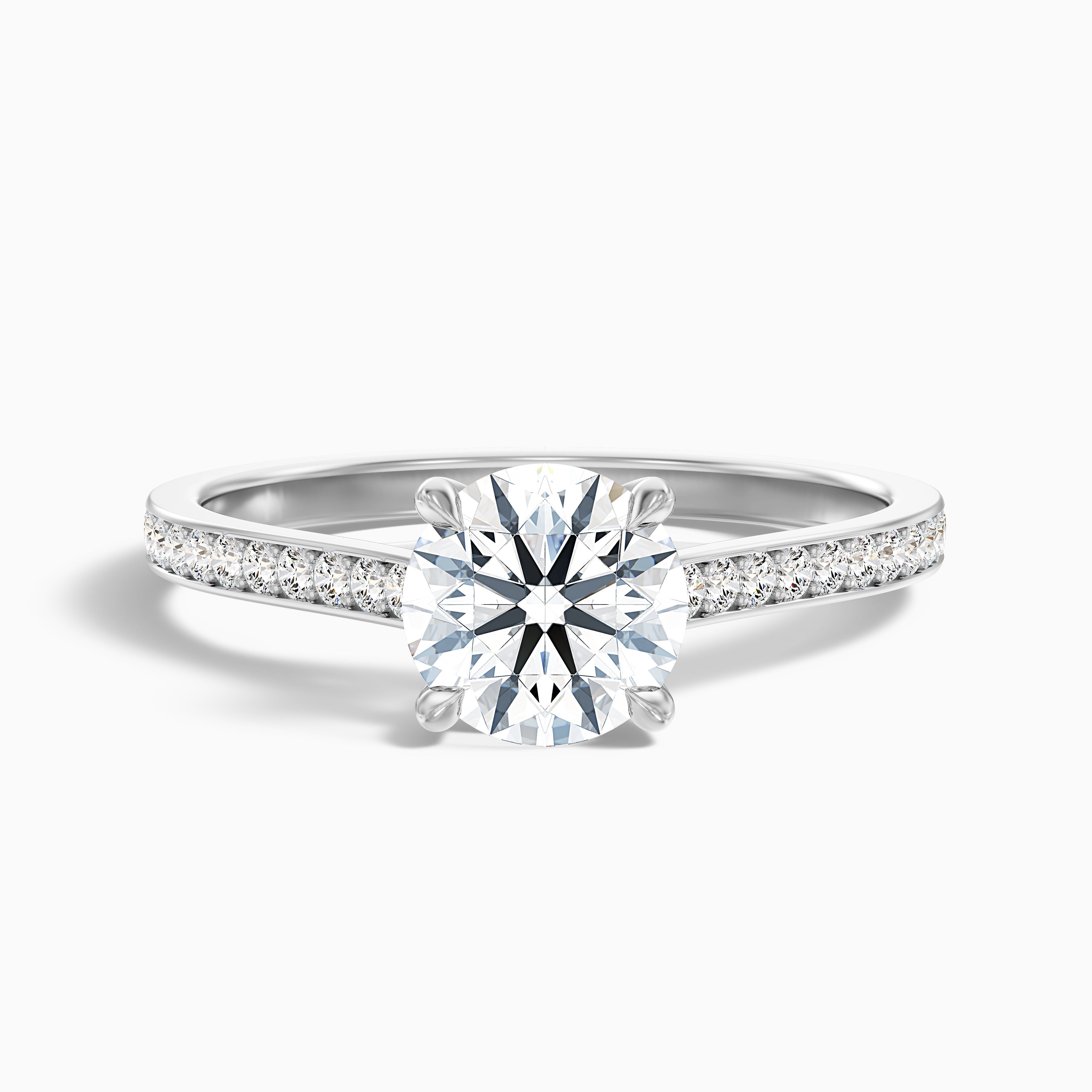 Kate 1 Carat Round Side Stone Pave Moissanite Engagement Ring in 18k White Gold
