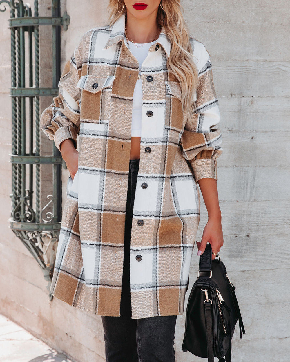 Winter Women Collared Long Plaid Top Office Loose Woolen Bella Mia