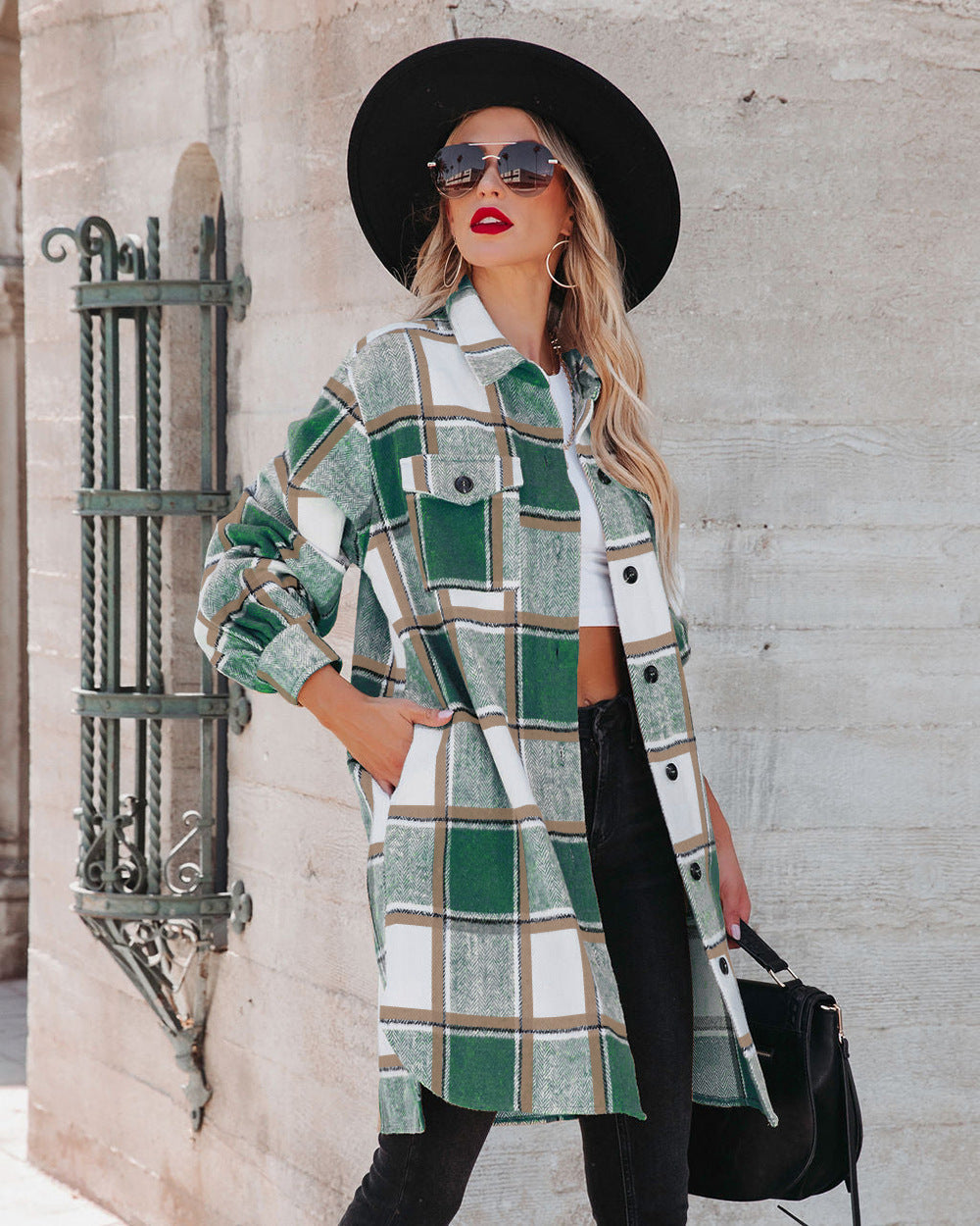 Winter Women Collared Long Plaid Top Office Loose Woolen Bella Mia