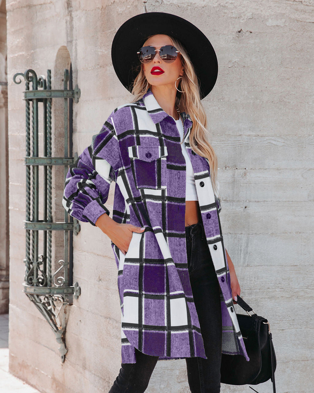Winter Women Collared Long Plaid Top Office Loose Woolen Bella Mia
