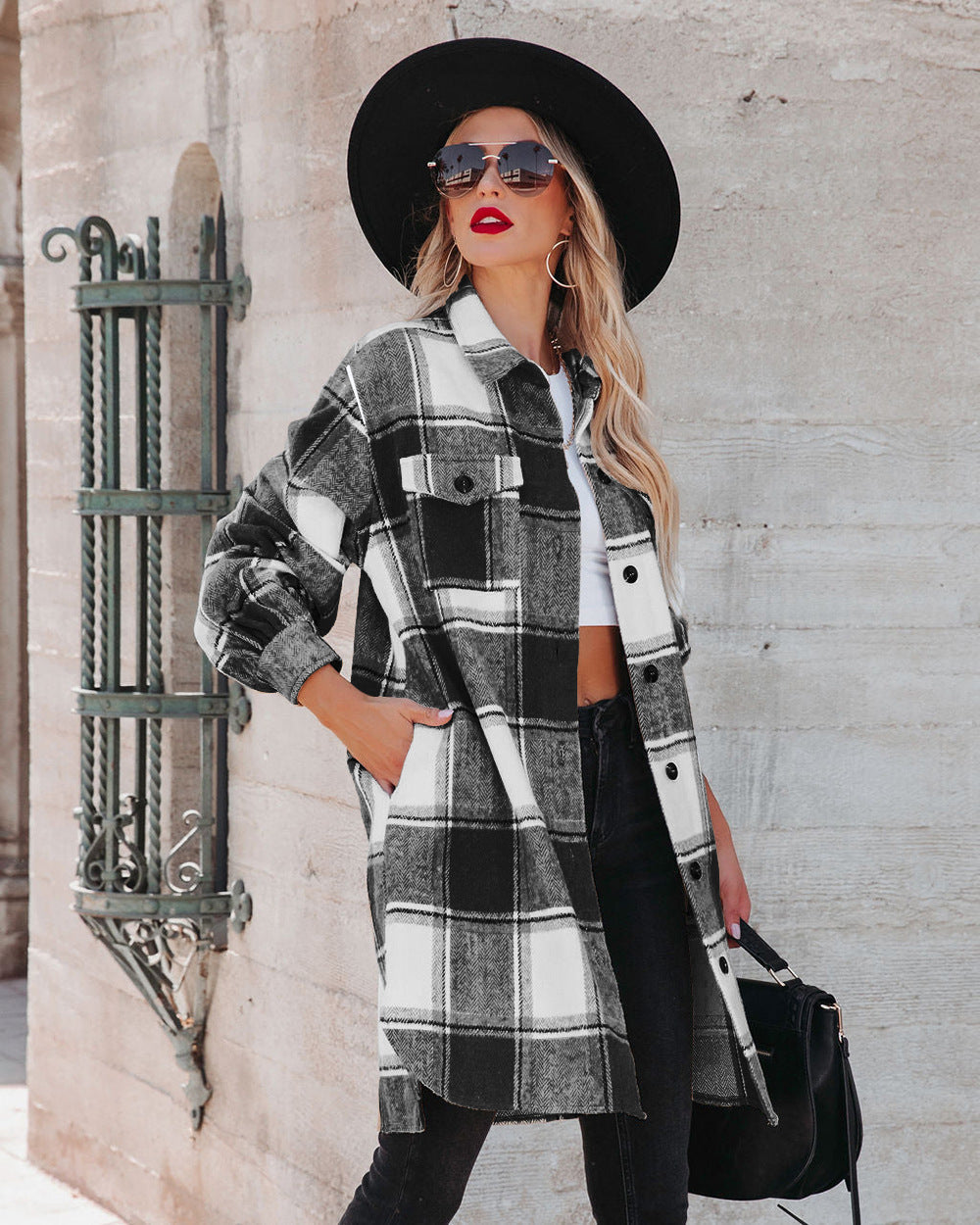 Winter Women Collared Long Plaid Top Office Loose Woolen Bella Mia