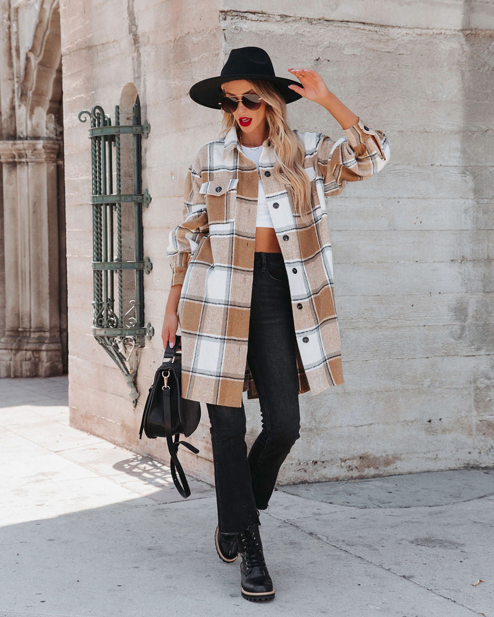 Winter Women Collared Long Plaid Top Office Loose Woolen Bella Mia