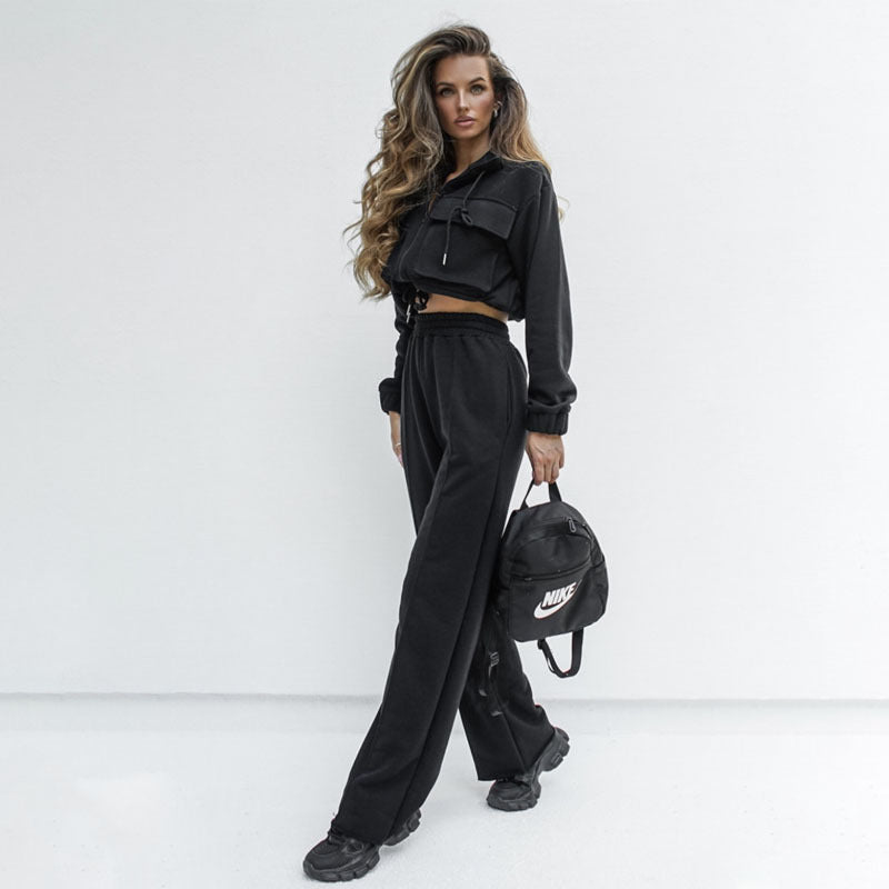 Autumn Winter Solid Color Zipper Double Bag Drawstring Long Sleeve Top Casual Trousers Suit Women Bella Mia